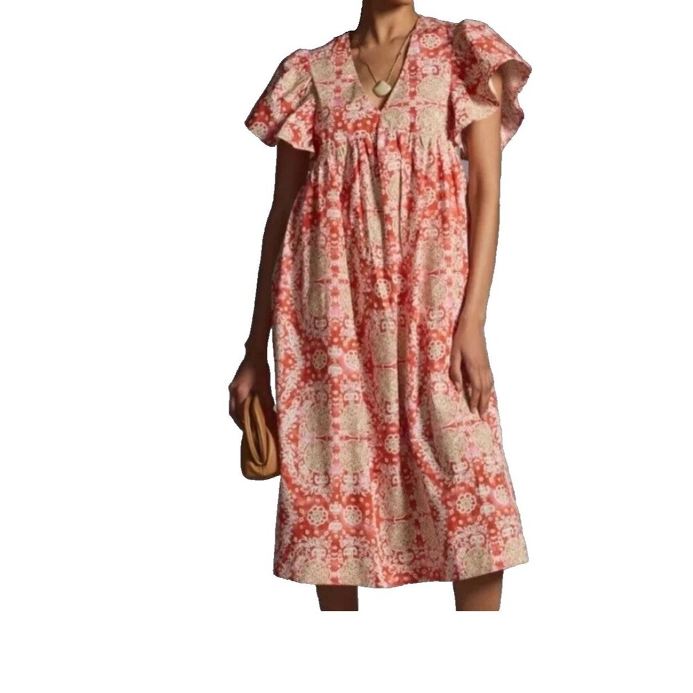 Anthropologie Maeve Printed FlutterSleeve Babydoll Cotton Dress Sz S MSRP$148.00